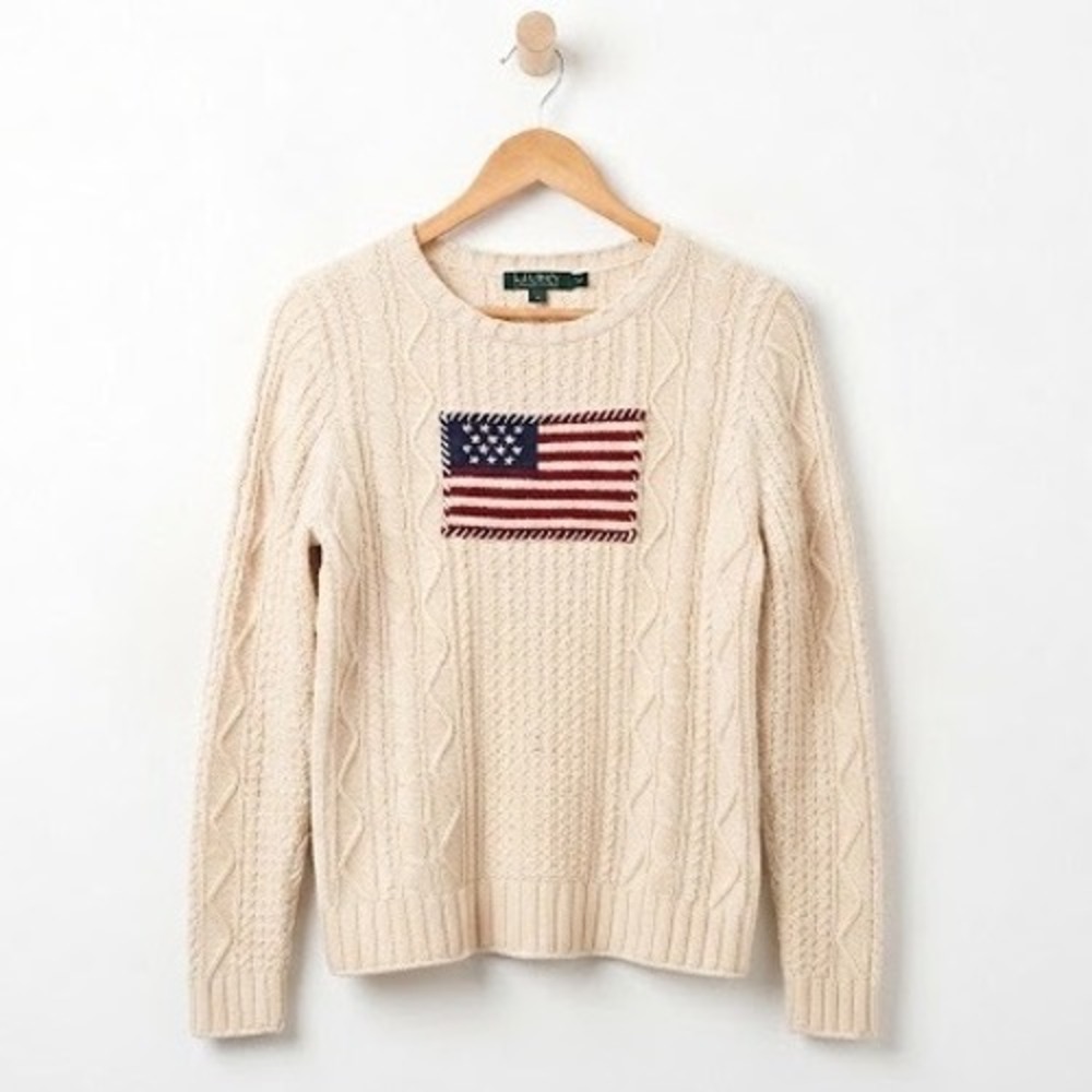 Lauren Ralph Lauren American Flag Sweater Ivory Old Money Americana XL Classic